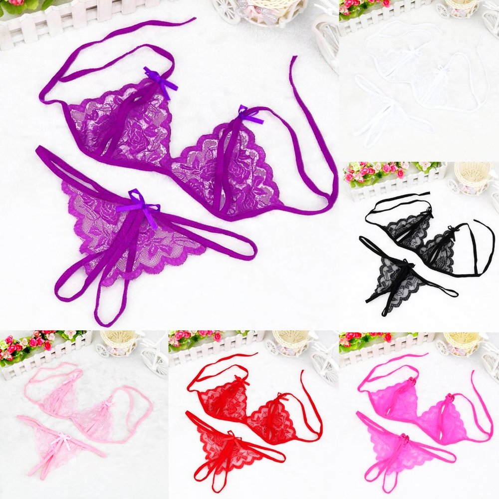 Women's Sheer Open File Lace Bra + T-Back Nighty Underwear (6 Colors Available)